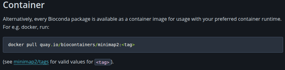 minimap2 container section on bioconda