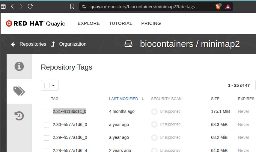 biocontainers.pro image tags list